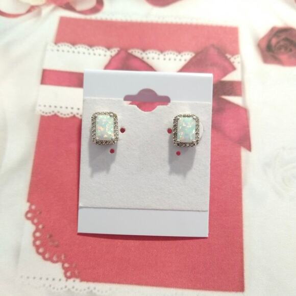 Sterling Silver 925 Stud Earrings Emerald Cut Fire Opal CZ Posts Jewelry Lot - Picture 1 of 8